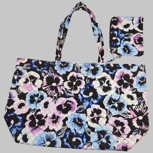NWOT Retired Large Vera Bradley Grand Tote Bag Set Quilted Plum Pansies